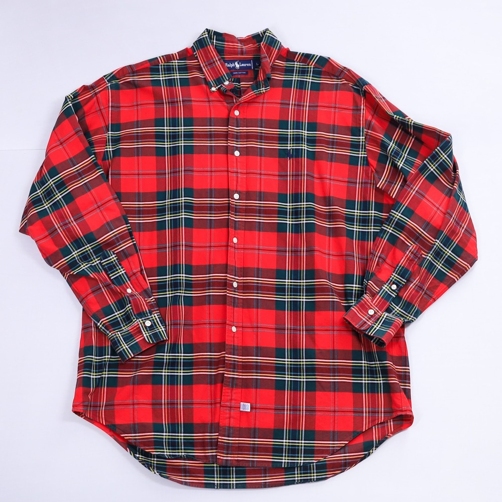 Ralph Lauren Plaid Shirt Mens Large Red Tartan Cotton Button Down Long Sleeve L